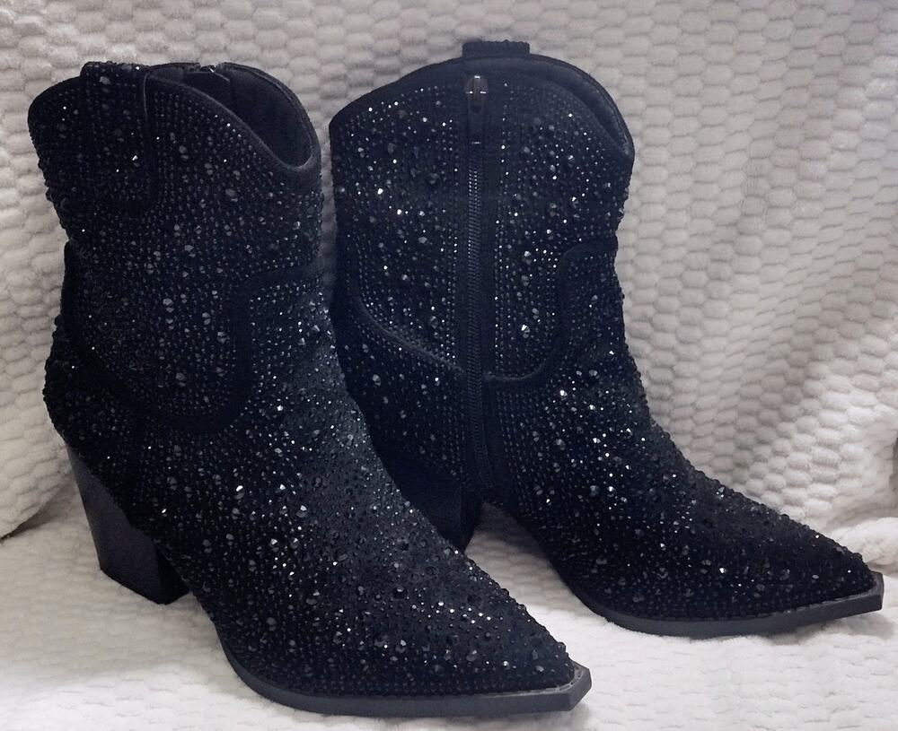 Women's Black Rhinestone Ankle Boots 8